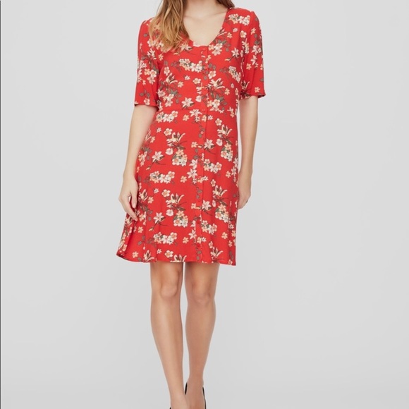 Vero Moda red floral print dress size XL - Picture 1 of 10